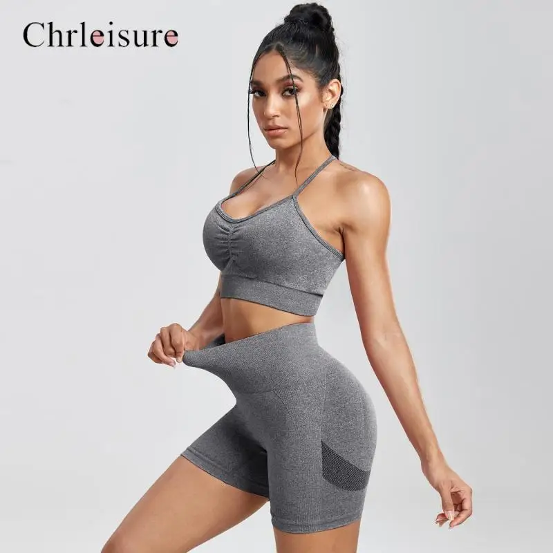 CHRLEISURE Solid Women Two Piece Sets Peach Buttocks Shorts Female Trackuists Gym Set Halter Fitness Shorts Push Up Bra Summer